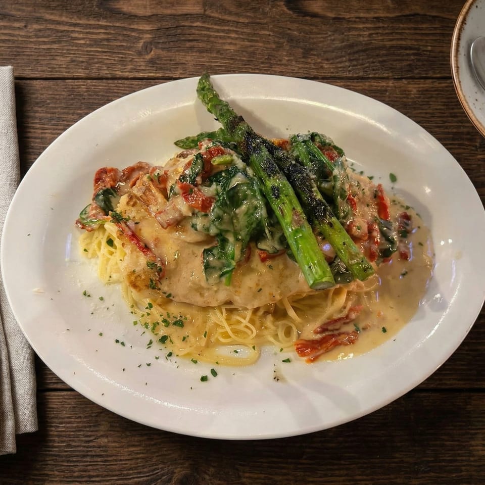 Creamy pasta dish with chicken, sun-dried tomatoes, spinach, and grilled asparagus on a white plate.