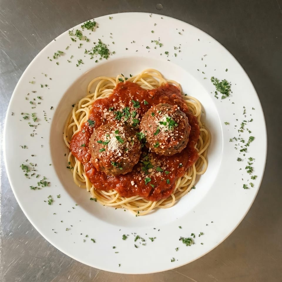 Spaghetti with two large meatballs, marinara sauce, grated cheese, and parsley on a white plate.