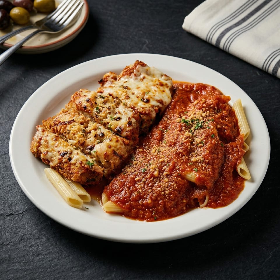 Chicken Parmesan with penne pasta and marinara sauce on a white plate, with olives and a fork in the background.