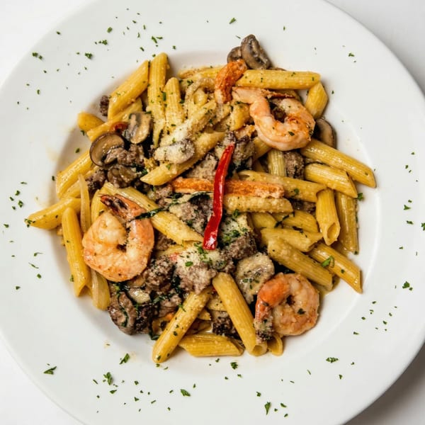 Penne pasta with shrimp, mushrooms, ground meat, red pepper, and parmesan cheese on a white plate.