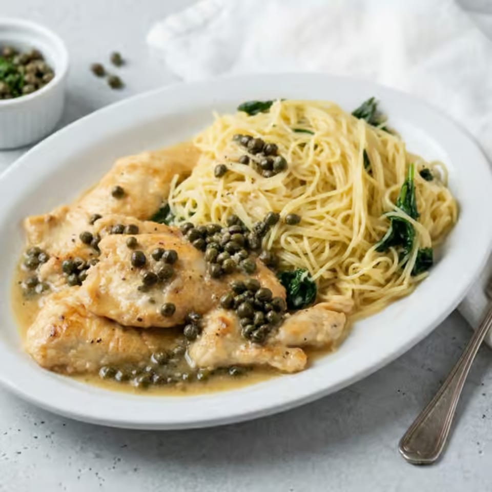 Chicken piccata with capers and lemon sauce, served with spaghetti and spinach on a white platter.