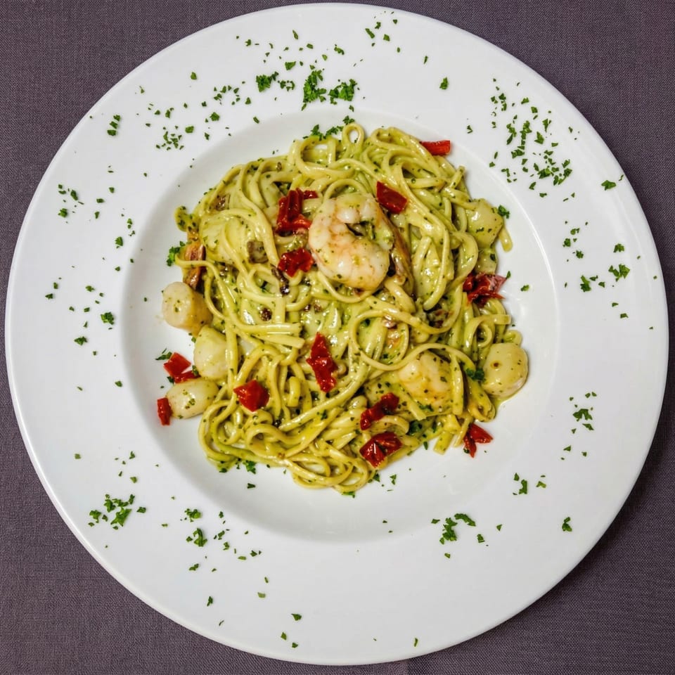 Linguine pasta with pesto, shrimp, scallops, sun-dried tomatoes, and parsley on a white plate.