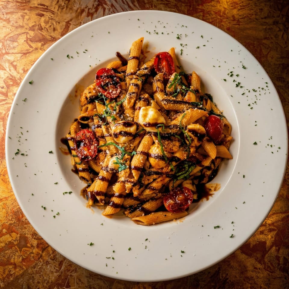 Penne pasta with cherry tomatoes, mozzarella, basil, and balsamic glaze on a white plate.