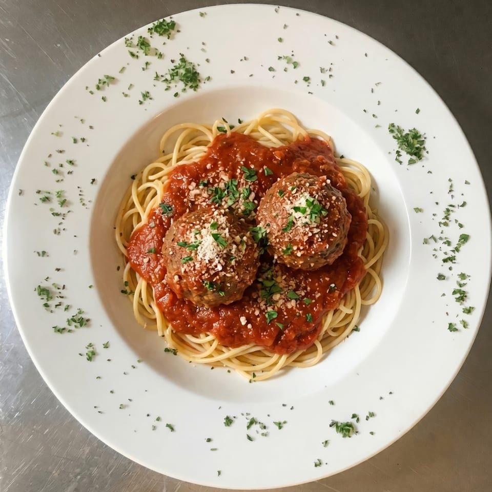 Spaghetti and meatballs with red sauce, parmesan cheese, and parsley in a white bowl.